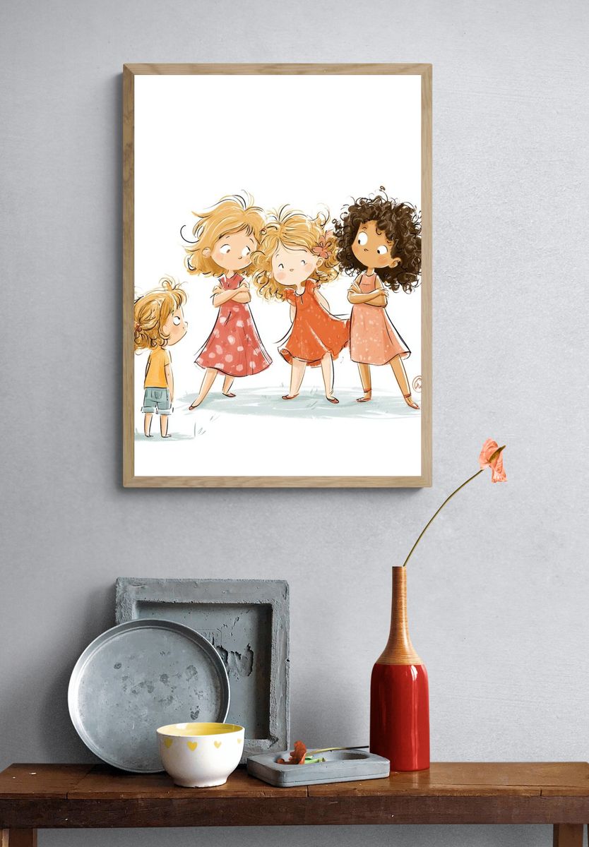 Playful Girls Illustration Poster. — room view 3