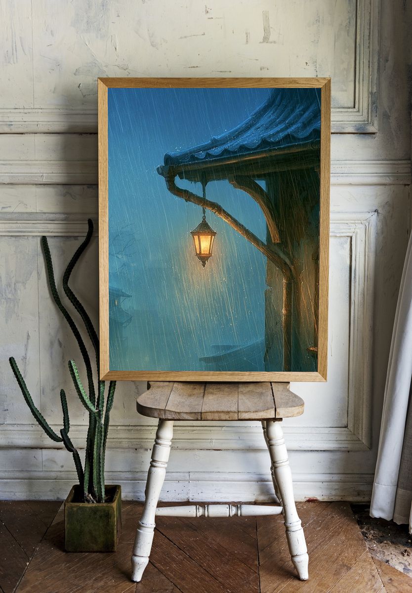 Rainy Lantern Cottage Illustration Print. — room view 1
