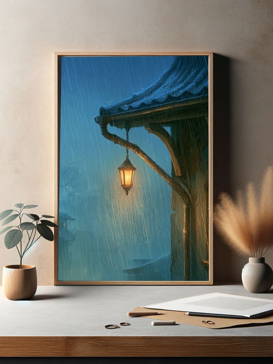 Rainy Lantern Cottage Illustration Print. — room view 2