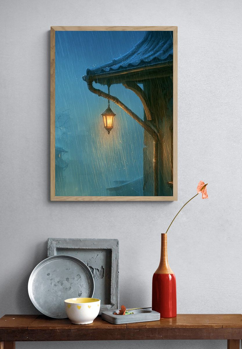 Rainy Lantern Cottage Illustration Print. — room view 3