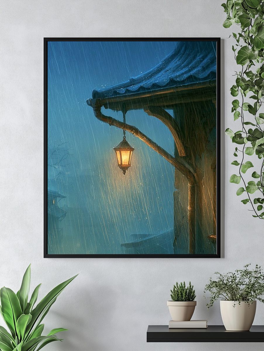 Rainy Lantern Cottage Illustration Print. — room view 4