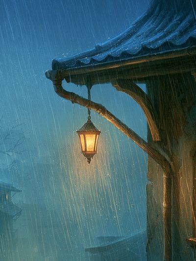 Rainy Lantern Cottage Illustration Print.