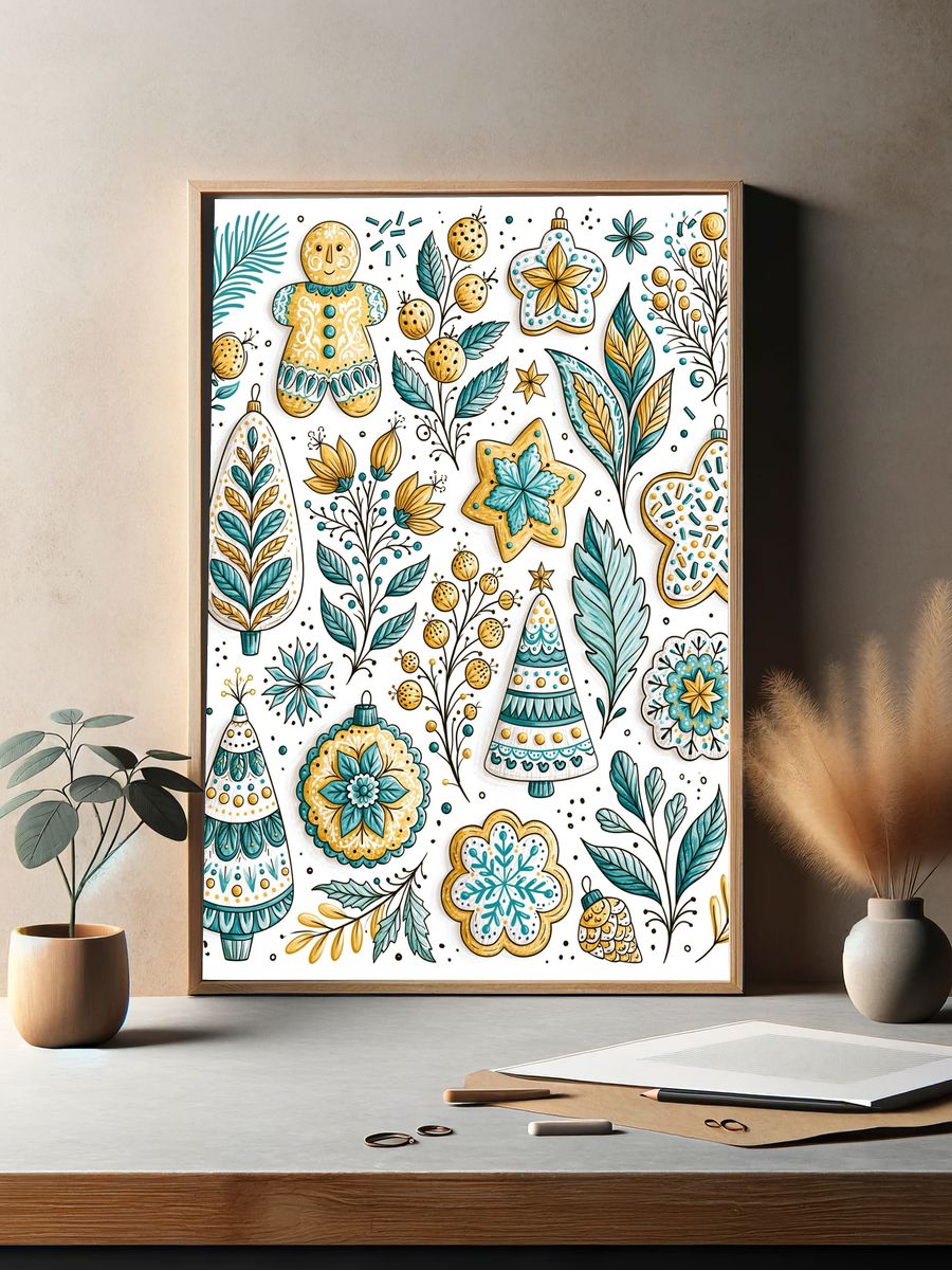 Festive Ornaments Illustration Poster. — room view 2