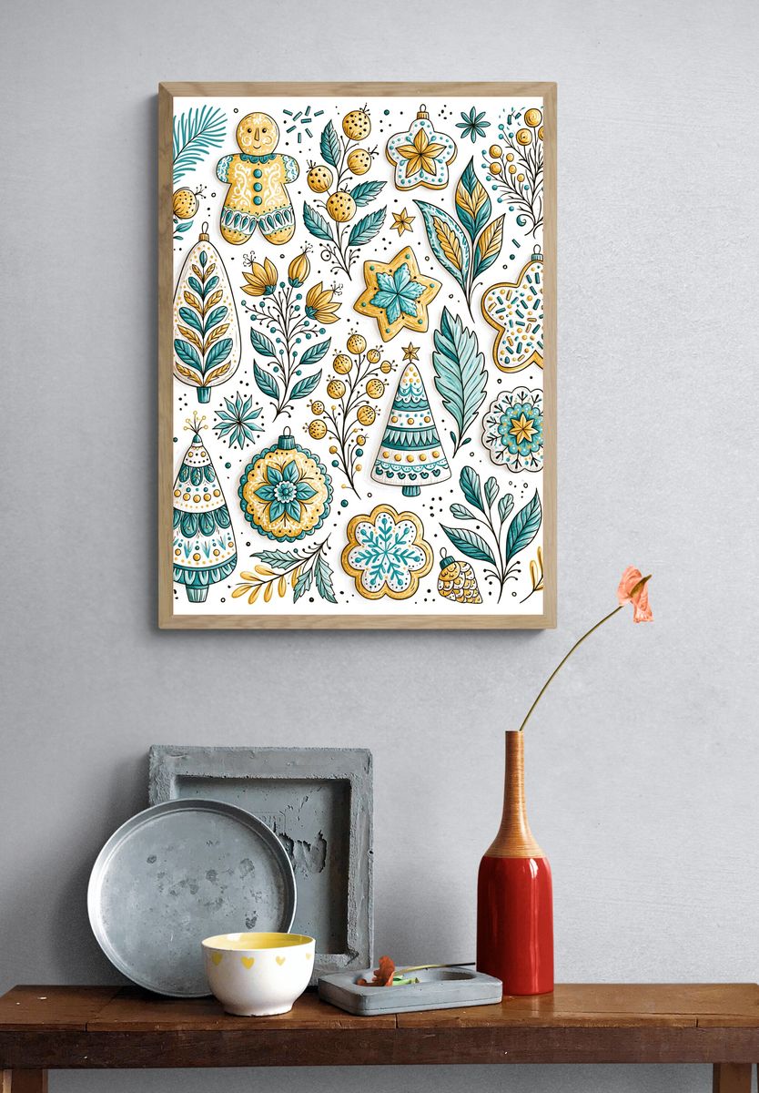 Festive Ornaments Illustration Poster. — room view 3