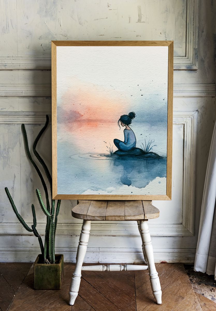 Solitude by the Water Watercolor Print. — room view 1