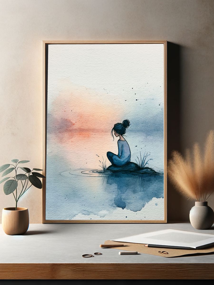 Solitude by the Water Watercolor Print. — room view 2