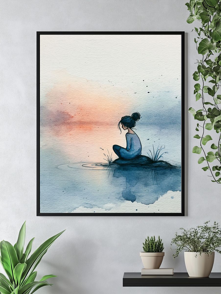 Solitude by the Water Watercolor Print. — room view 4