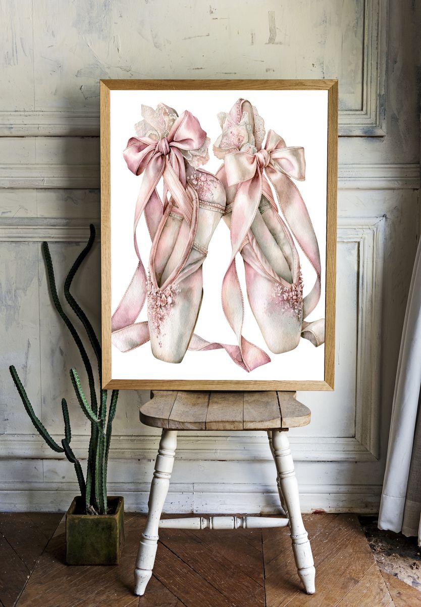 Pink Ballet Pointe Shoes Illustration Print. room preview