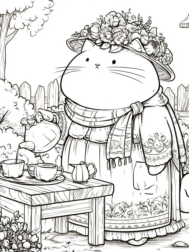 Garden Cat Tea Party Print. poster detail