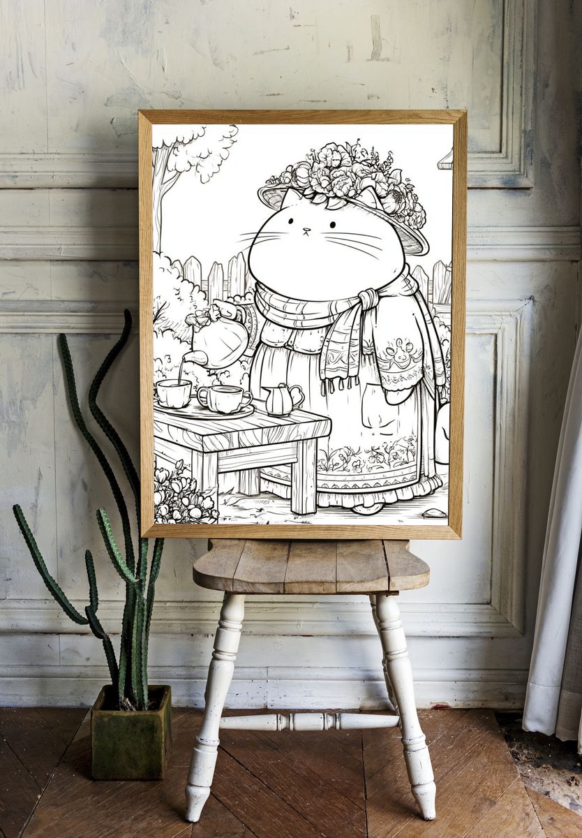 Garden Cat Tea Party Print. room preview
