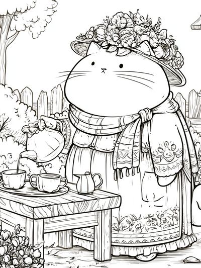 Garden Cat Tea Party Print.