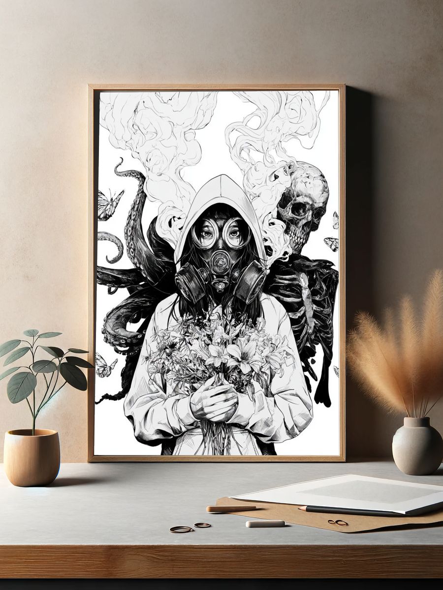 Gas Mask Girl Surreal Illustration Poster. — room view 2
