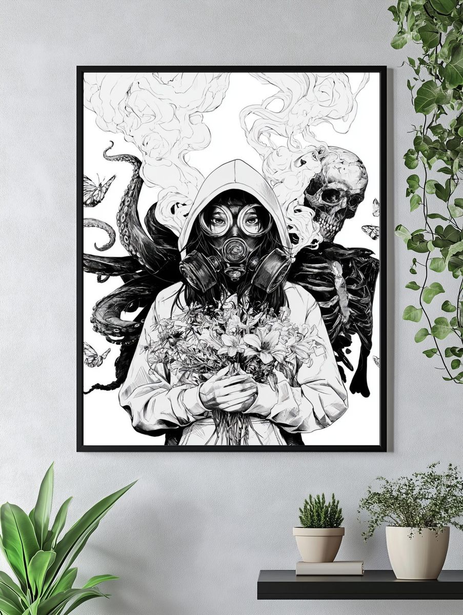 Gas Mask Girl Surreal Illustration Poster. — room view 4