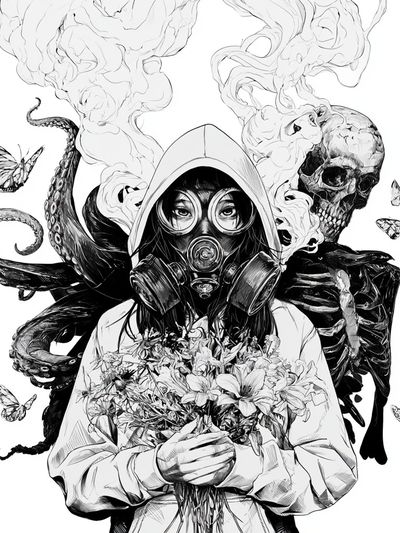 Gas Mask Girl Surreal Illustration Poster.