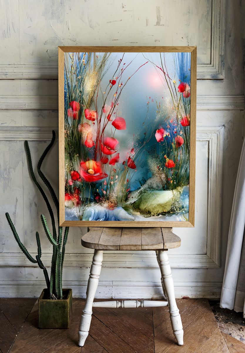Dreamy Poppy Meadow Illustration Poster. room preview