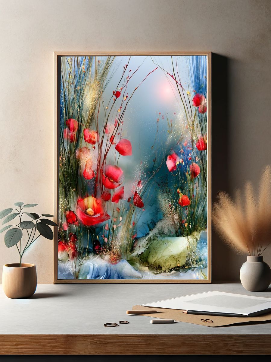 Dreamy Poppy Meadow Illustration Poster. — room view 2