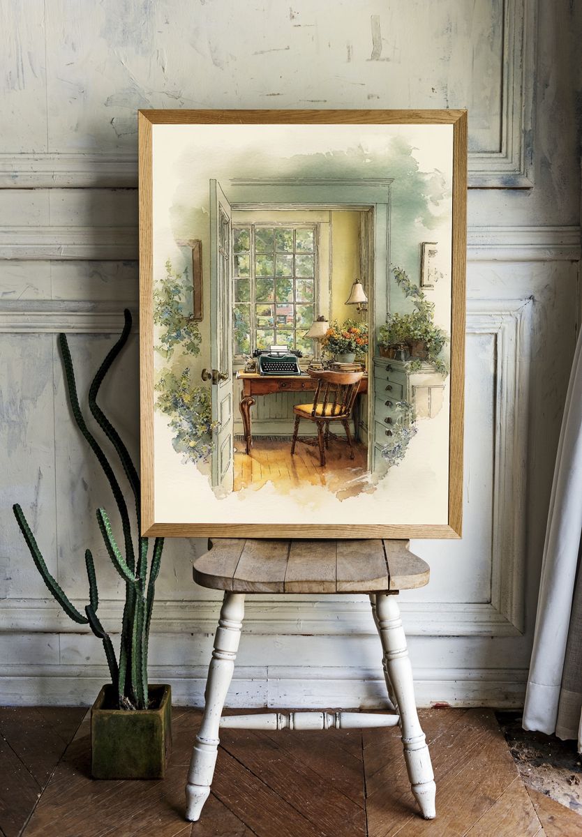 Sunlit Writing Room Watercolor Print. room preview