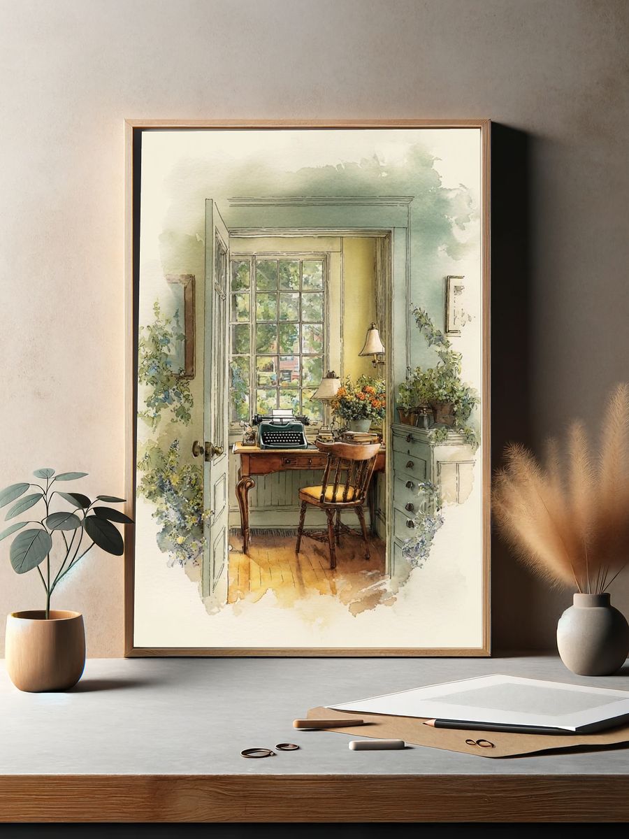 Sunlit Writing Room Watercolor Print. — room view 2