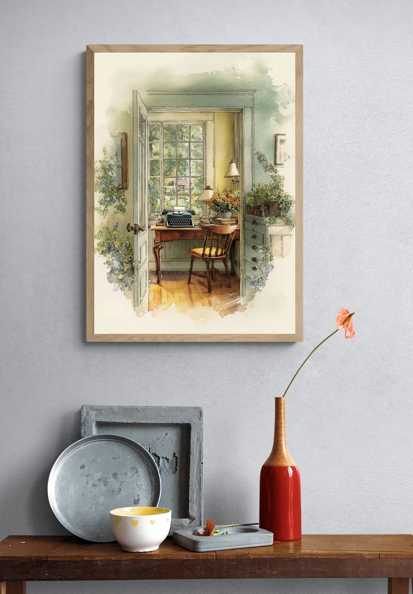 Sunlit Writing Room Watercolor Print. — room view 3