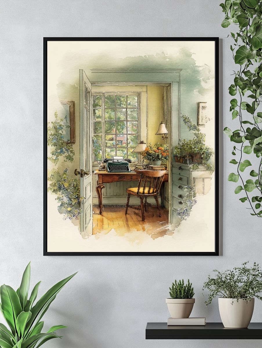 Sunlit Writing Room Watercolor Print. — room view 4