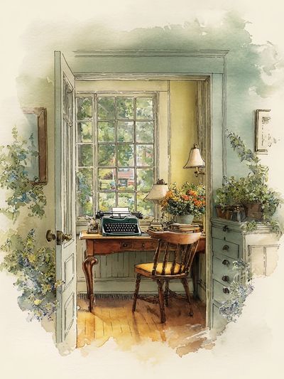 Sunlit Writing Room Watercolor Print.