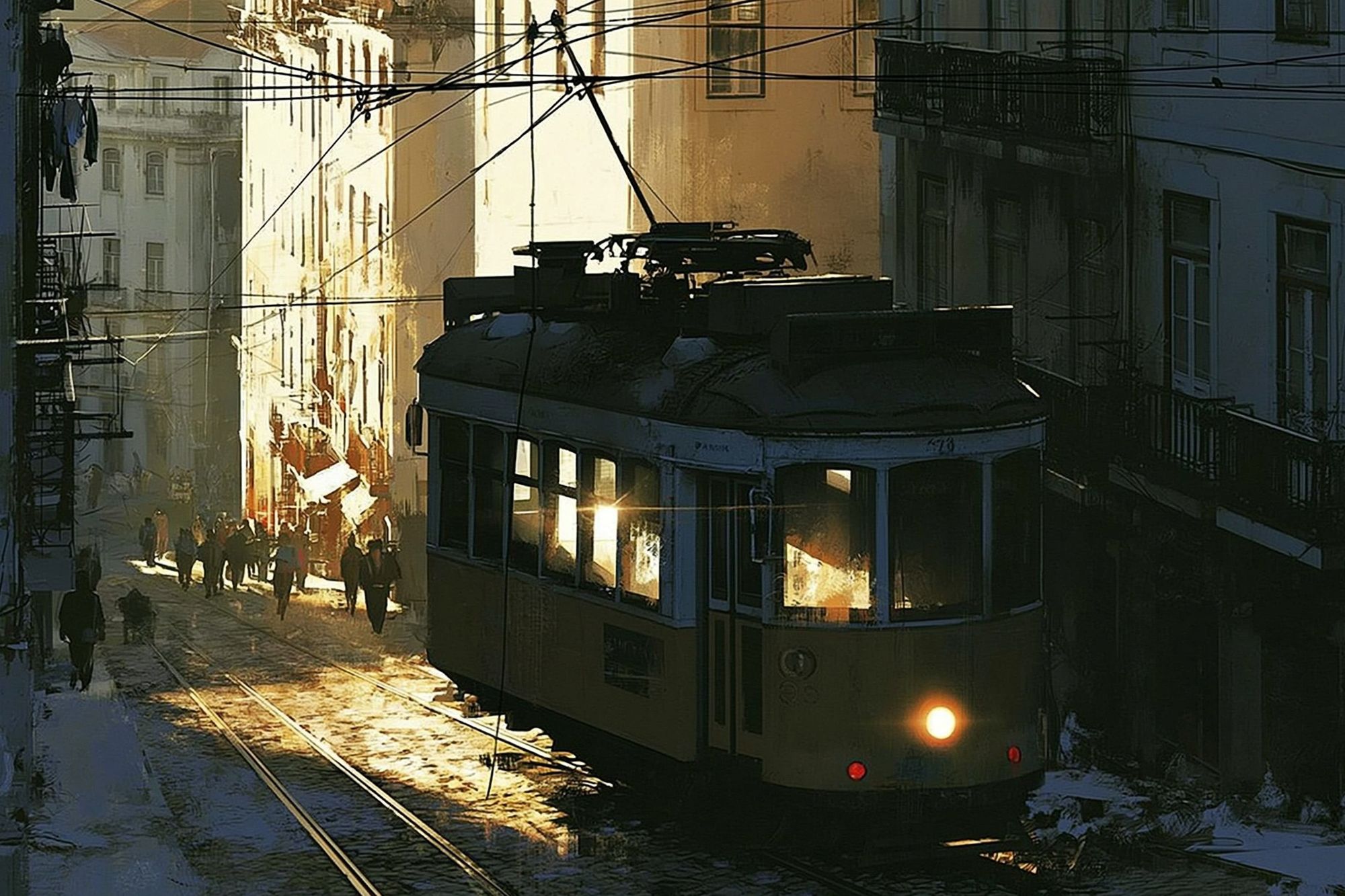 Sunlit Tram Street — Illustration Print. poster detail