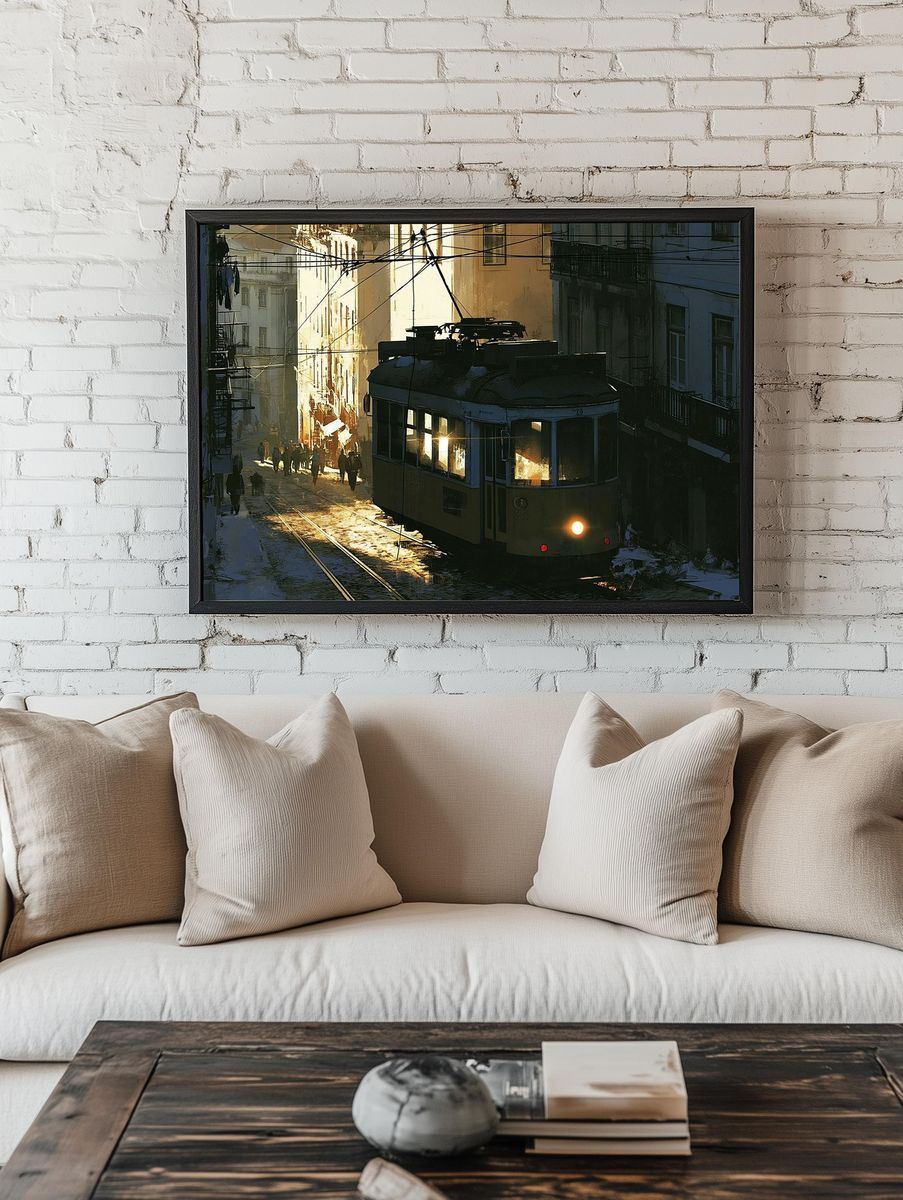 Sunlit Tram Street — Illustration Print. room preview