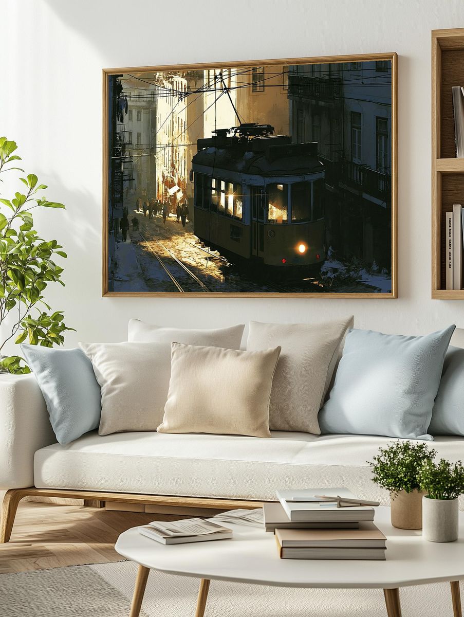 Sunlit Tram Street — Illustration Print. — room view 2