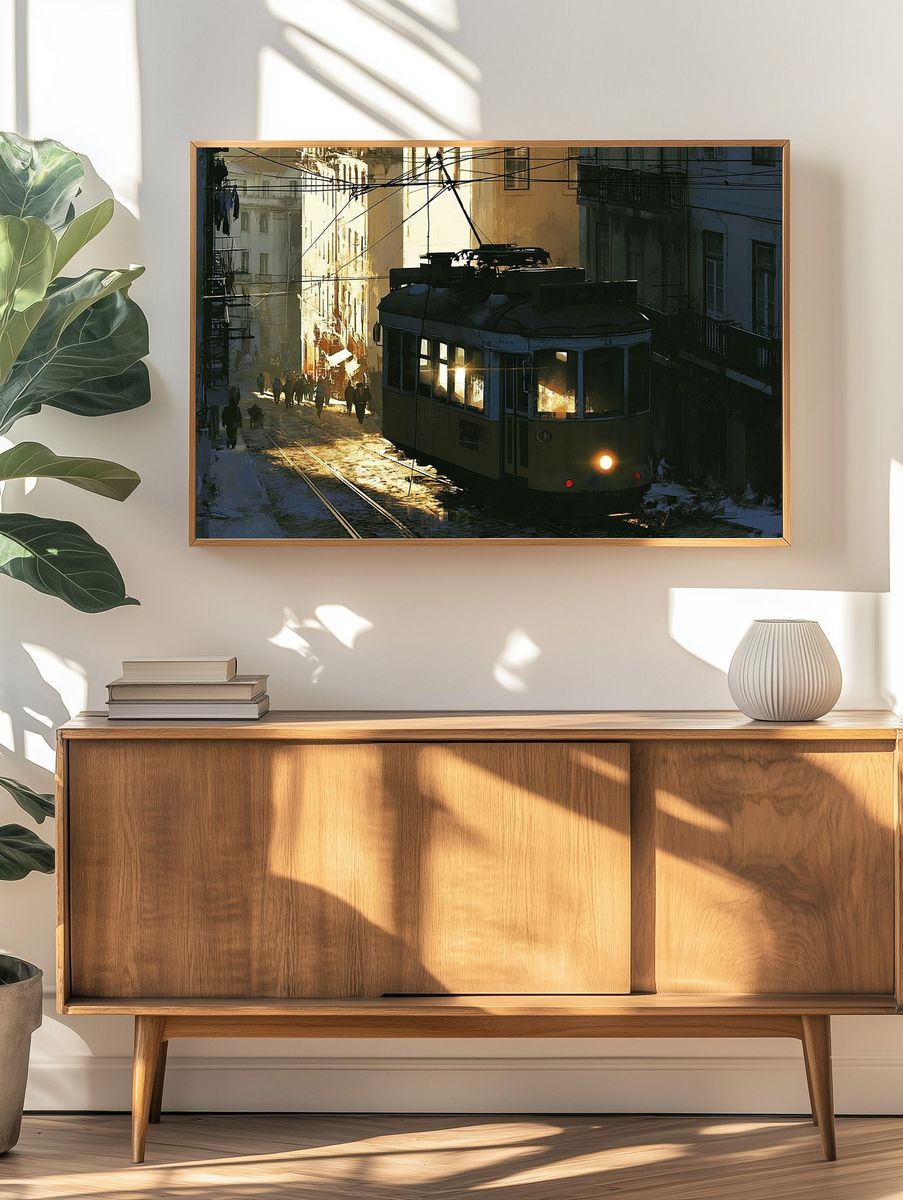 Sunlit Tram Street — Illustration Print. — room view 3