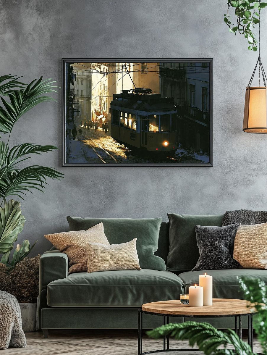 Sunlit Tram Street — Illustration Print. — room view 4