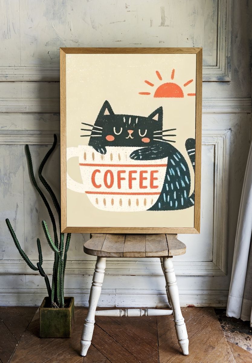 Cat in Coffee Mug Illustration Poster. room preview