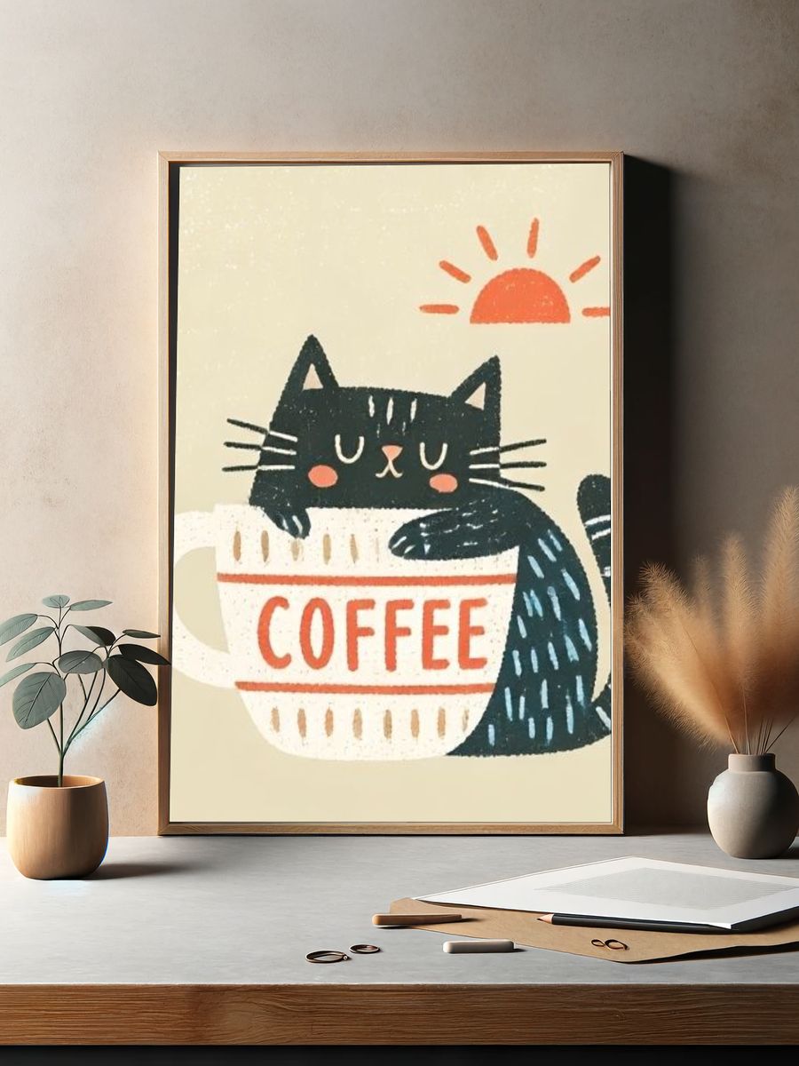 Cat in Coffee Mug Illustration Poster. — room view 2