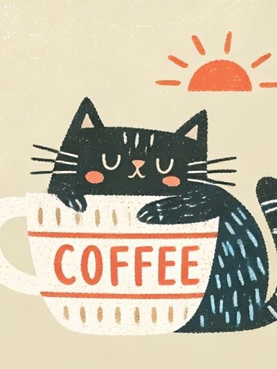 Cat in Coffee Mug Illustration Poster.