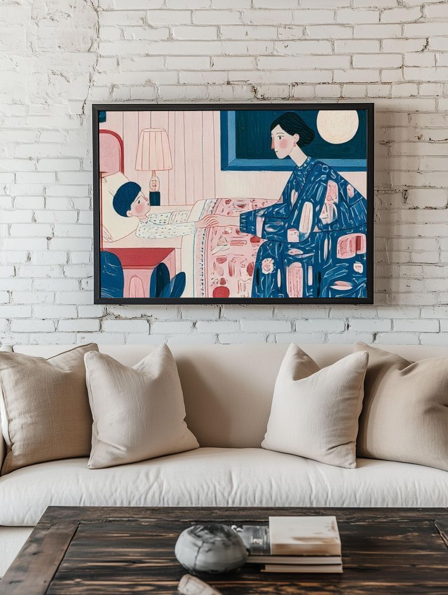 Moonlit Mother and Child Illustration Poster. room preview