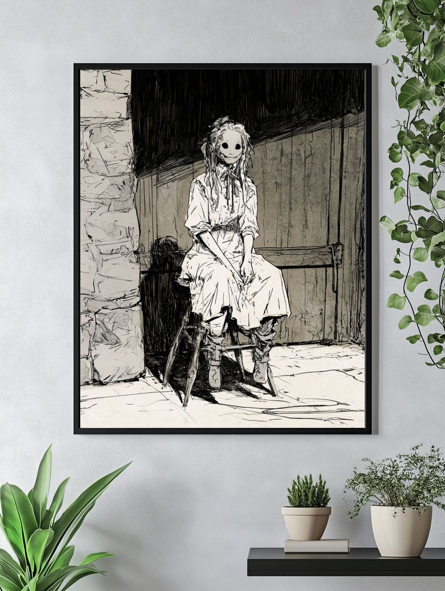 Masked Girl Ink Illustration Poster. — room view 4