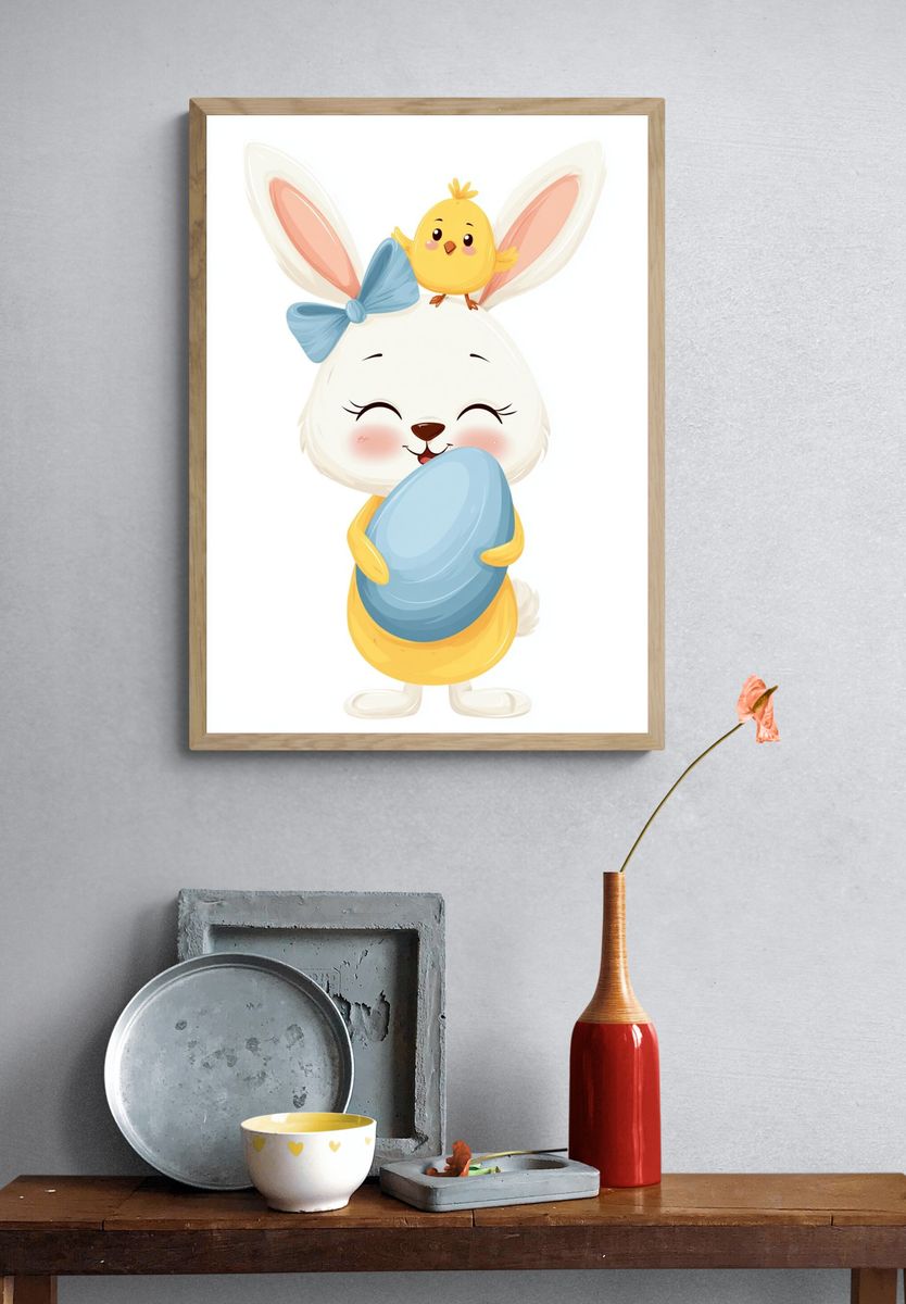Easter Bunny and Chick Illustration Poster. — room view 3