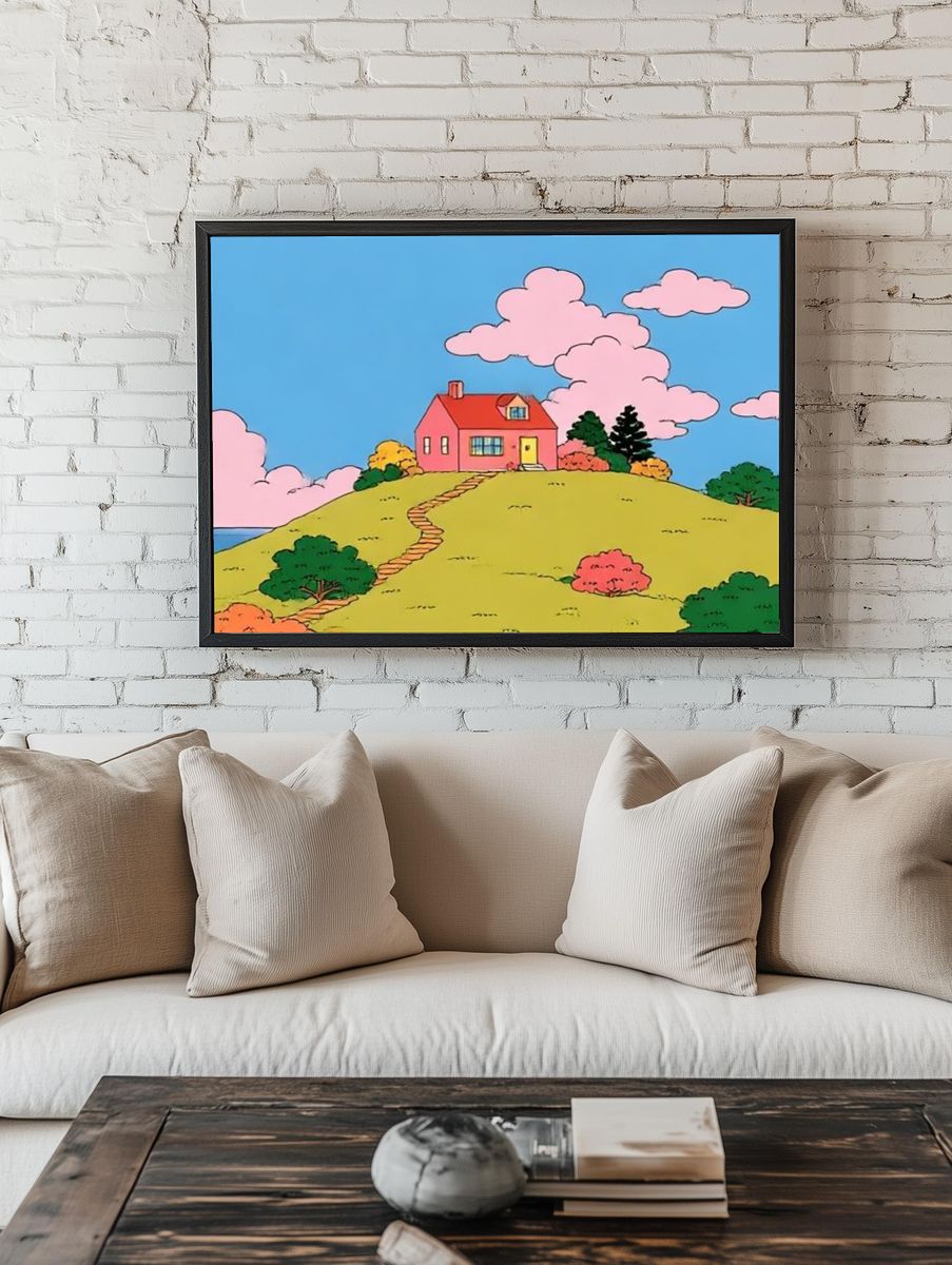 Pink House on the Hill Illustration Poster. room preview