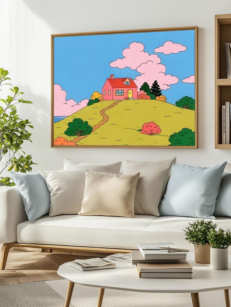 Pink House on the Hill Illustration Poster. — room view 2