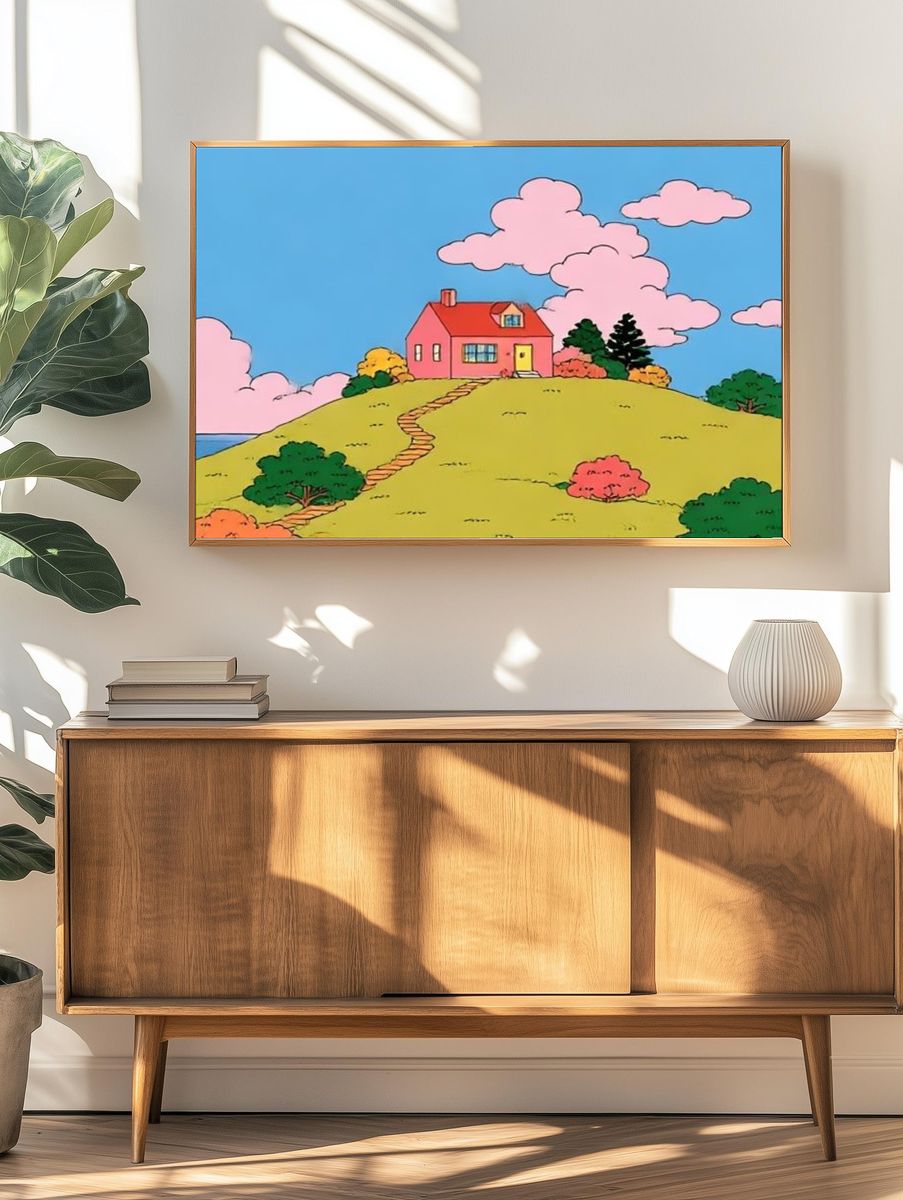 Pink House on the Hill Illustration Poster. — room view 3