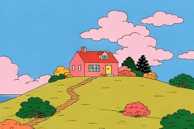 Pink House on the Hill Illustration Poster. poster