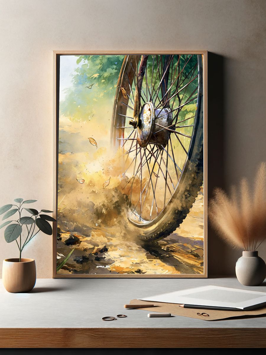 Bicycle Wheel Trail Watercolor Poster. — room view 2