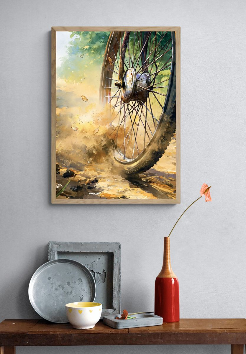 Bicycle Wheel Trail Watercolor Poster. — room view 3