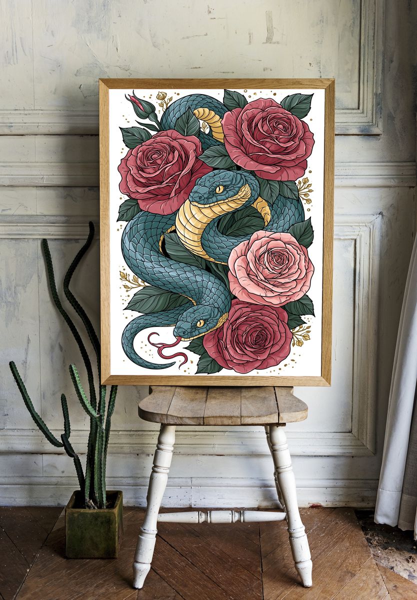 Snake and Roses Illustration Poster. room preview