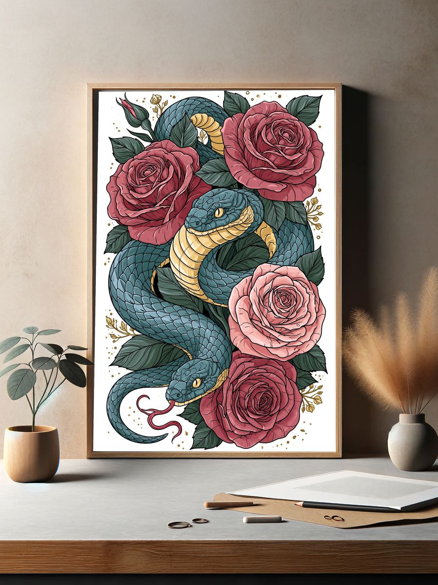 Snake and Roses Illustration Poster. — room view 2