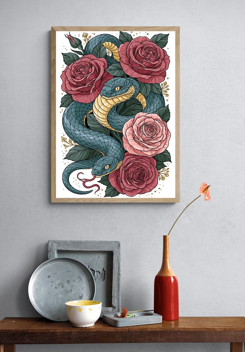 Snake and Roses Illustration Poster. — room view 3