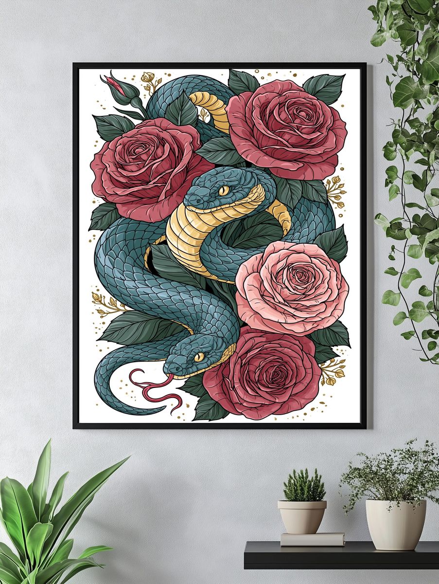 Snake and Roses Illustration Poster. — room view 4