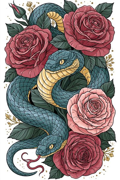 Snake and Roses Illustration Poster.