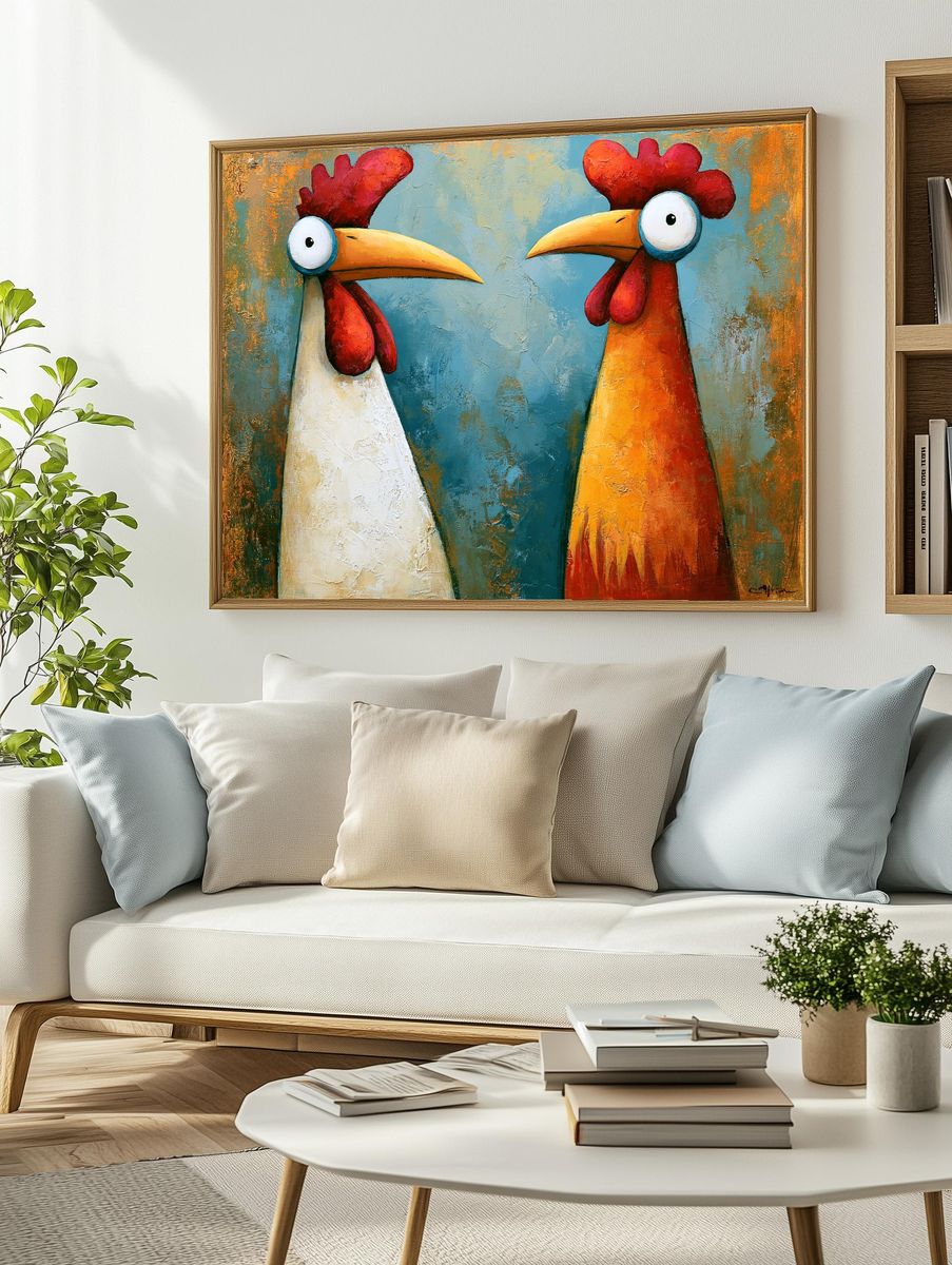 Two Rooster Portrait Poster. — room view 2