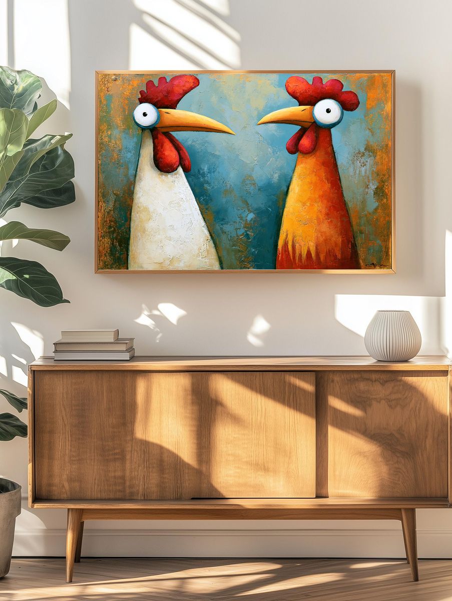 Two Rooster Portrait Poster. — room view 3