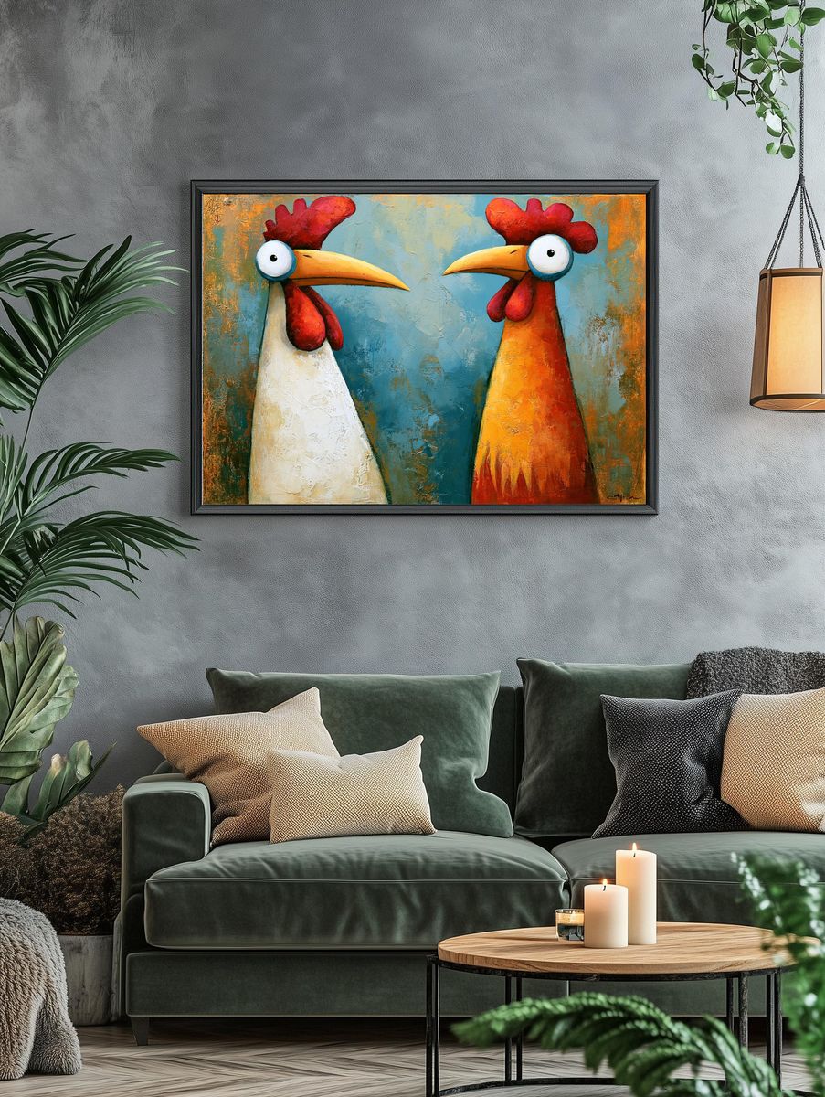 Two Rooster Portrait Poster. — room view 4